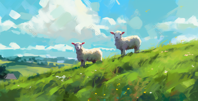 春日夏日季节在一望无际的绿色大草原上的两只小羊羔风景插画,插画/手绘图,插画/手绘图库,插画/手绘图下载,插画/手绘